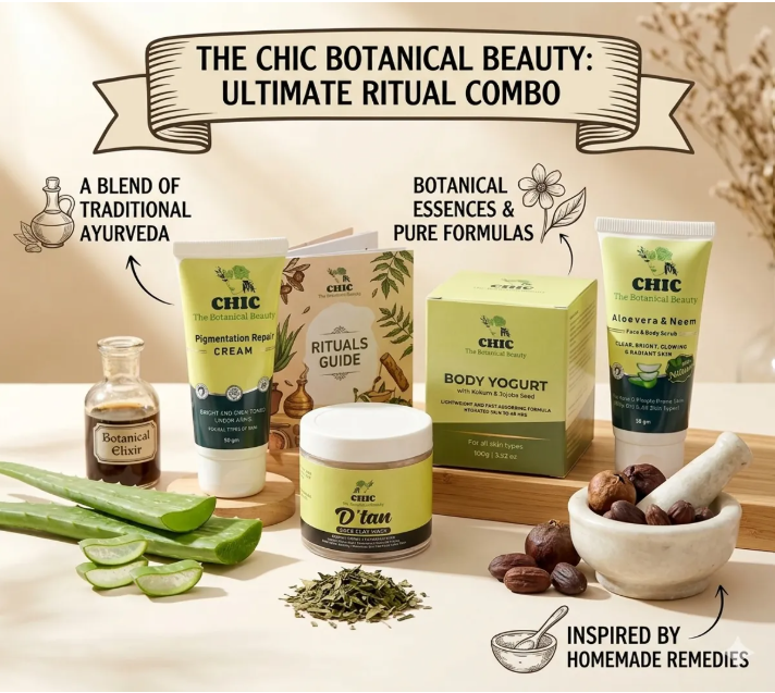 Chic Botanical Beauty Ultimate Bodycare Ritual Combo | Pigmentation Repair + Body Yogurt + Face & Body Scrub + D-Tan Clay Pack